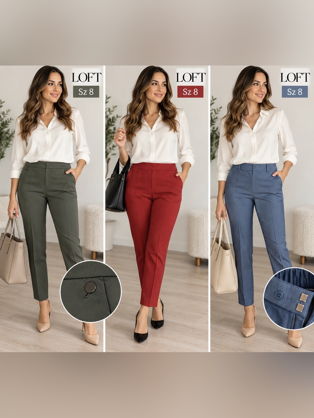 LOFT Tailored Ankle Pants in Olive, Red, and Blue - Sz 8